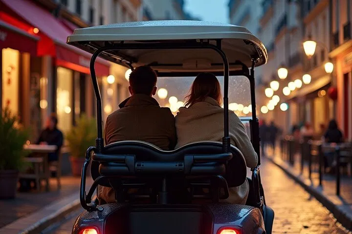 Couple on a night golf cart tour in Paris